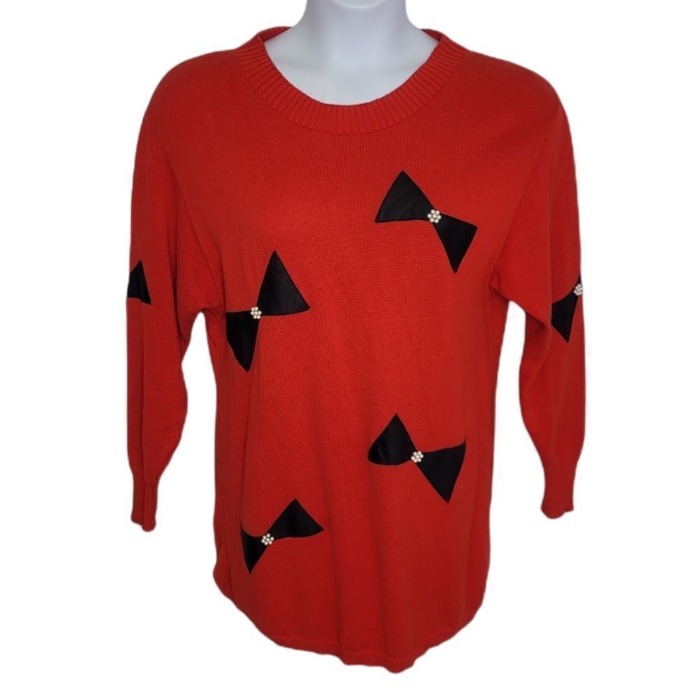 VINTAGE 80s Neiman Marcus leather bow red sweater tunic with pearls L